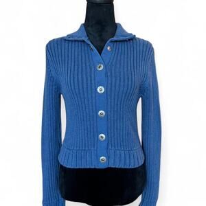 90s fitted navy ribbed cardigan – preppy Y2K button-up M